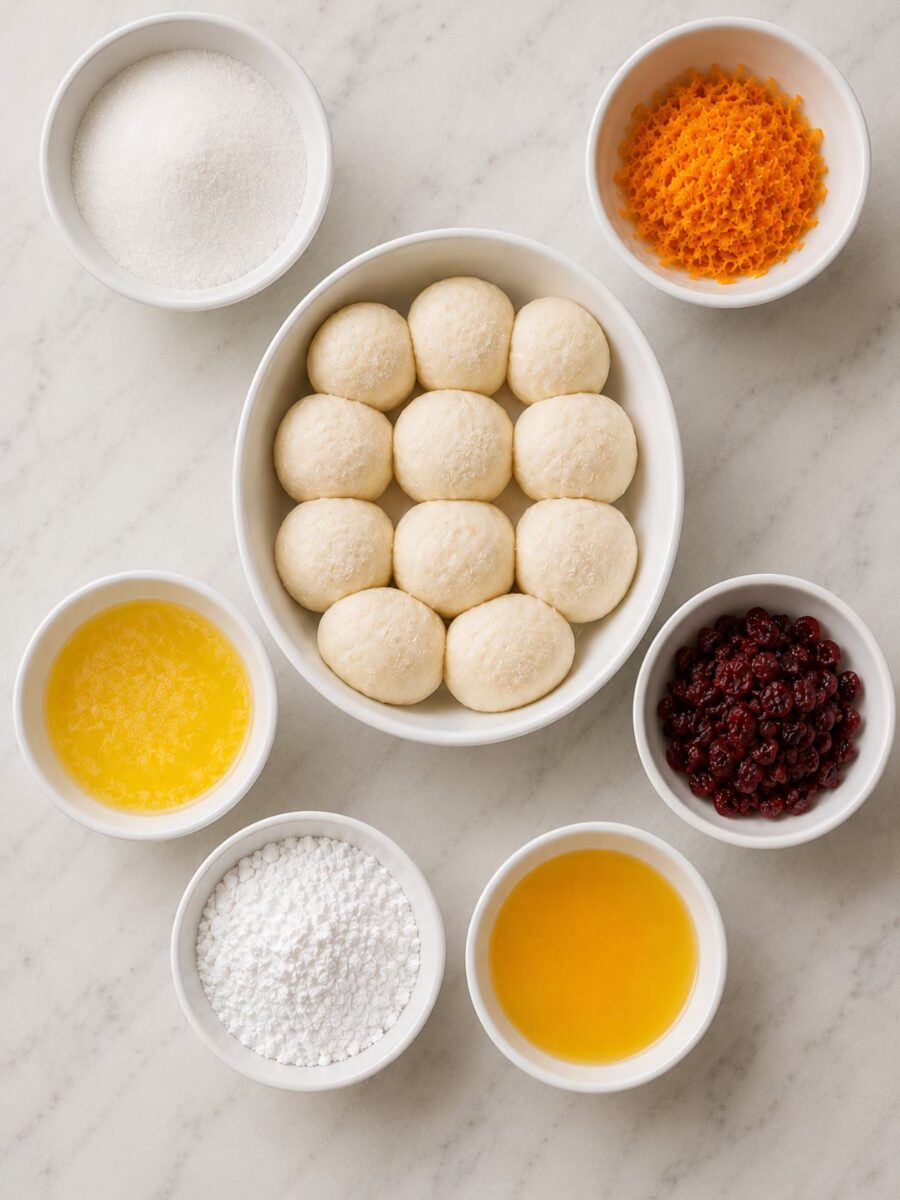 white bowls filled with the ingredients to make the orange craisin rolls