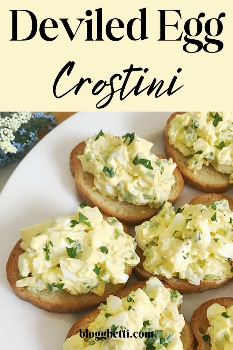 deviled egg crostini image with text overlays