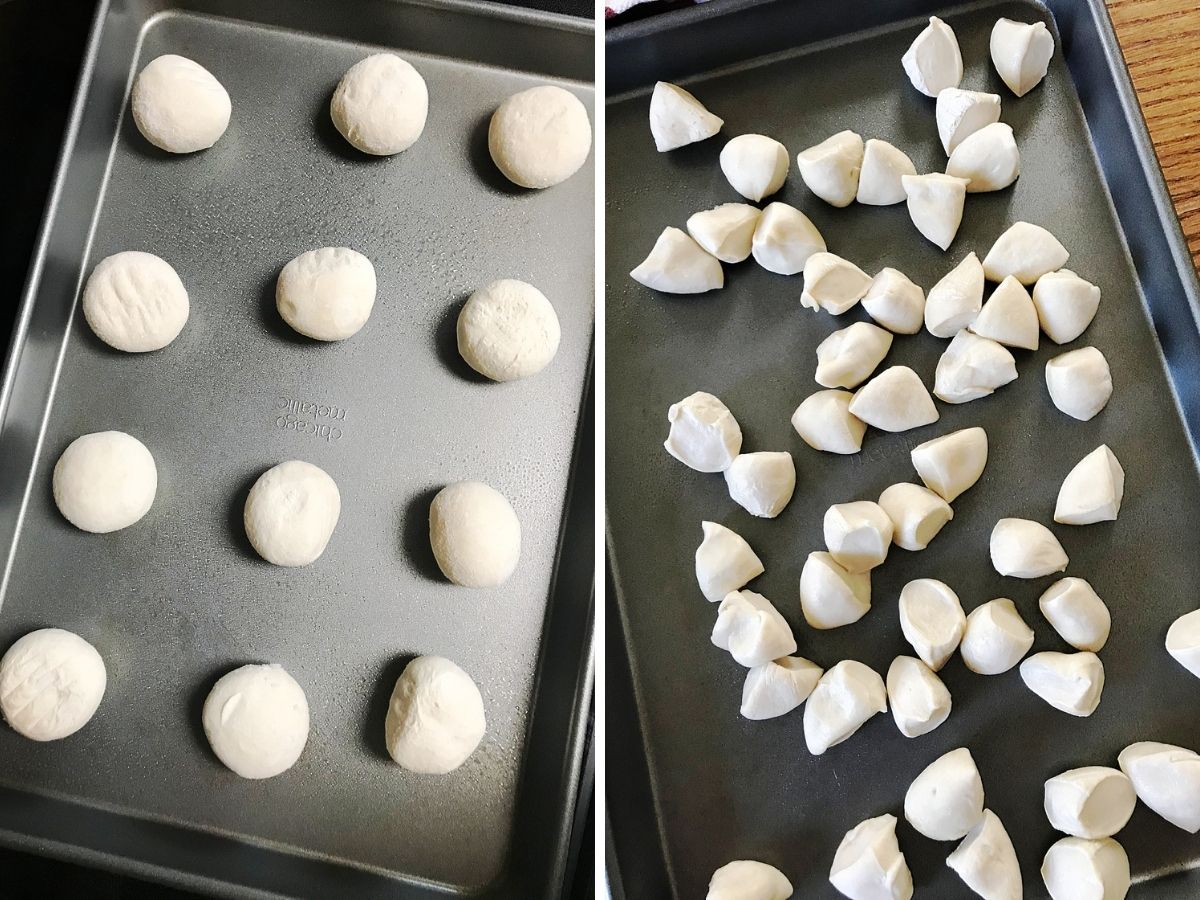 dinner roll dough balls on baking sheet thawing and then cut in ha;f