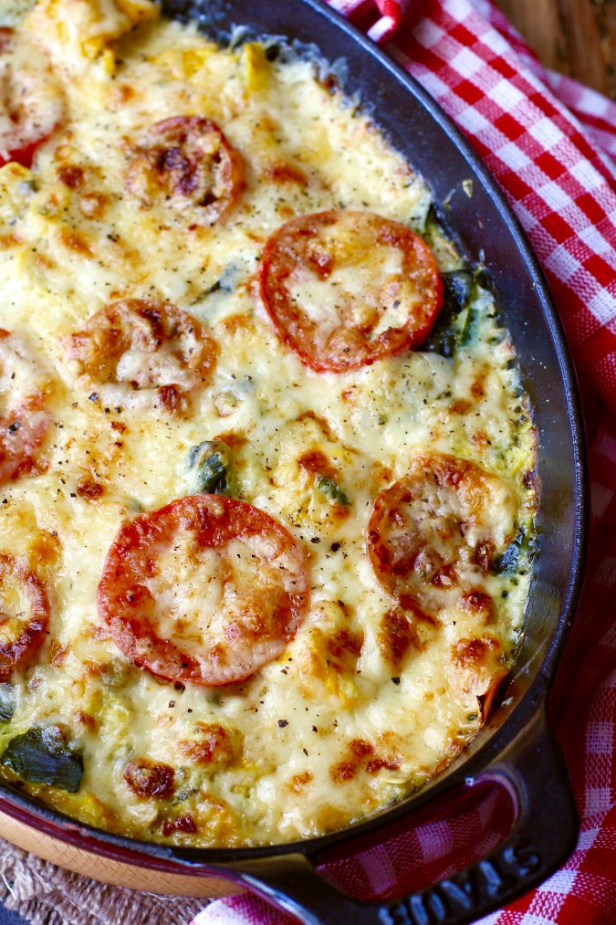 zucchini tomato au gratin in skillet