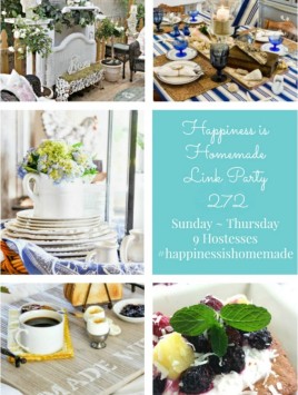 Happiness is Homemade Link Party 272. Share DIY projects, crafts, home decor, tablescapes, recipes. Sunday - Thursday. 9 bloggers hostessing.