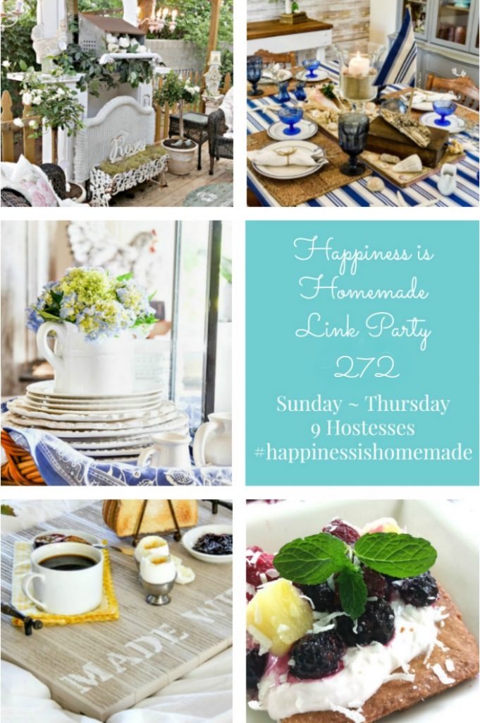 Happiness is Homemade Link Party 272. Share DIY projects, crafts, home decor, tablescapes, recipes. Sunday - Thursday. 9 bloggers hostessing.