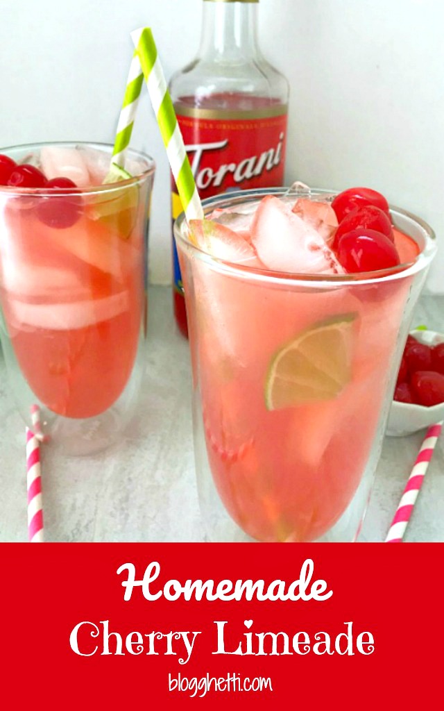 Homemade Cherry Limeade with Torani Syrup in JoyJolt Spike Cocktail Glasses