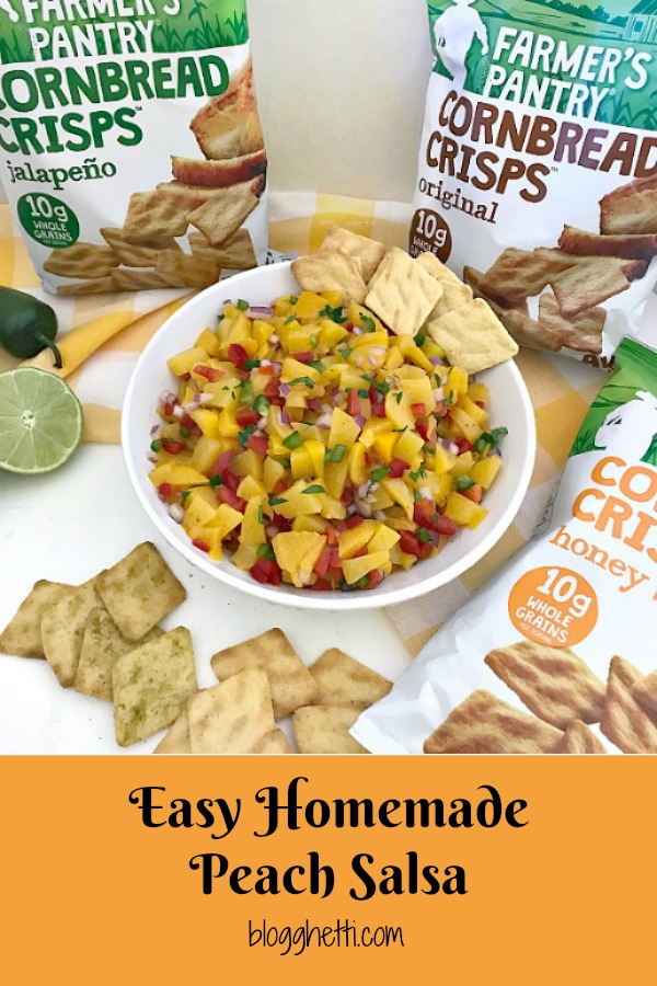 homemade peach salsa in whilte bowl with Farmer's Pantry connbred crisps