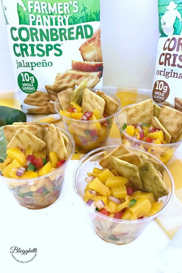 Individual cups of homemade peach salsa - pin