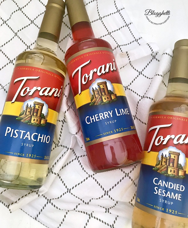 Torani flavor syrups - cherry limeade, pistachio, and candied sesame