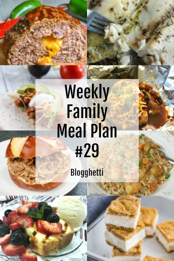 Collage of weekly family meal plan foods