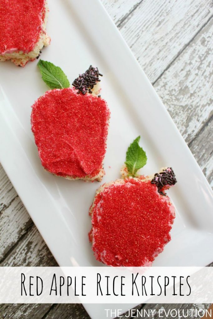 red apple rice krispie treats on white platter