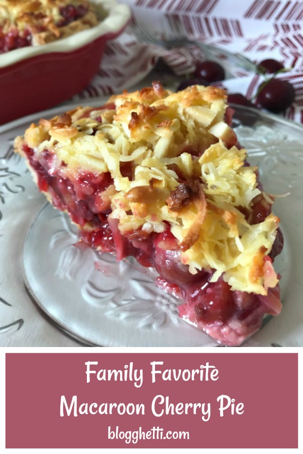 Slice of Macaroon Cherry Pie on a crystal plate