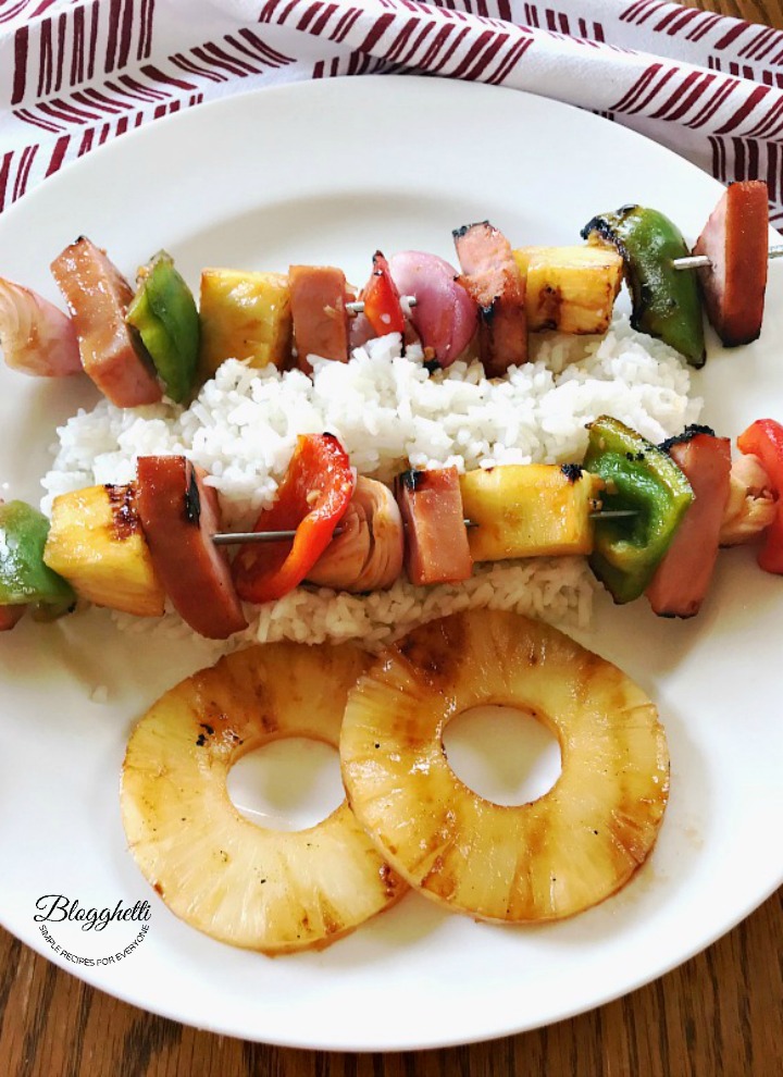 Grilled Hawaiian Ham Skewers on a bed of rice