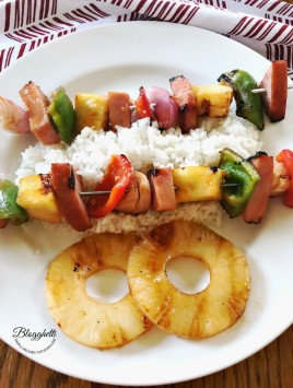 Grilled Hawaiian Ham Skewers on a bed of rice