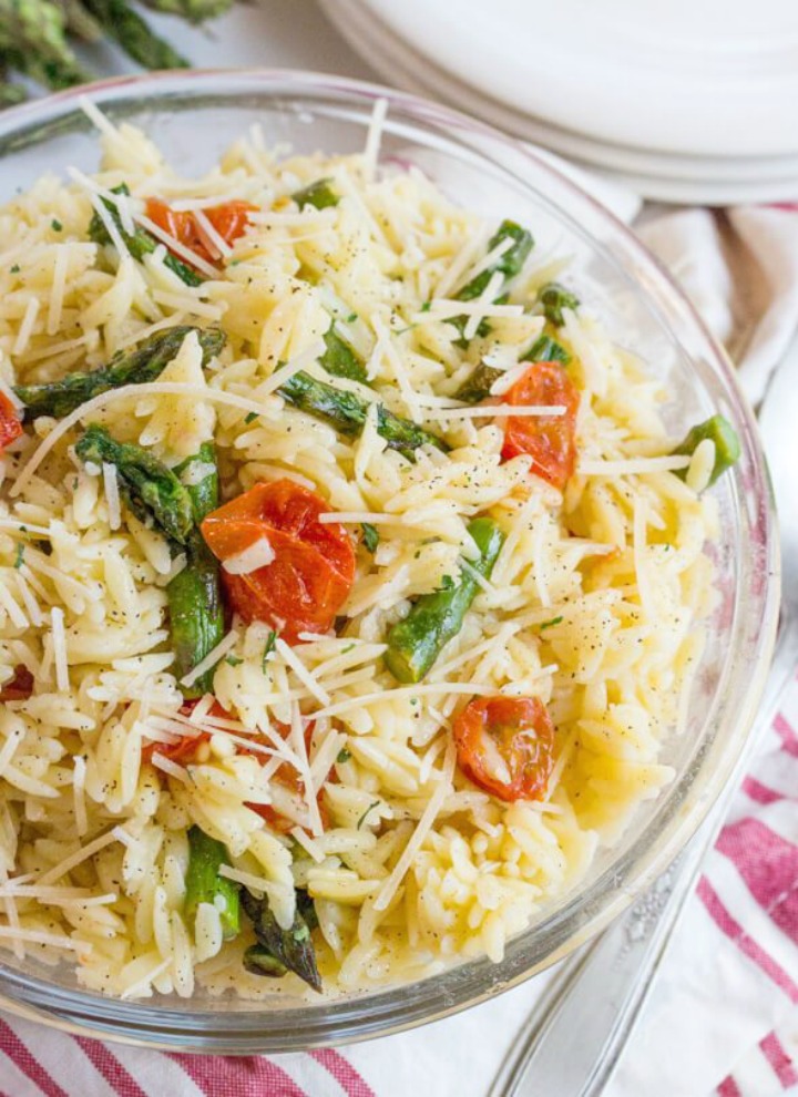 Lemon butter orzo with roasted asparagus and tomatoes