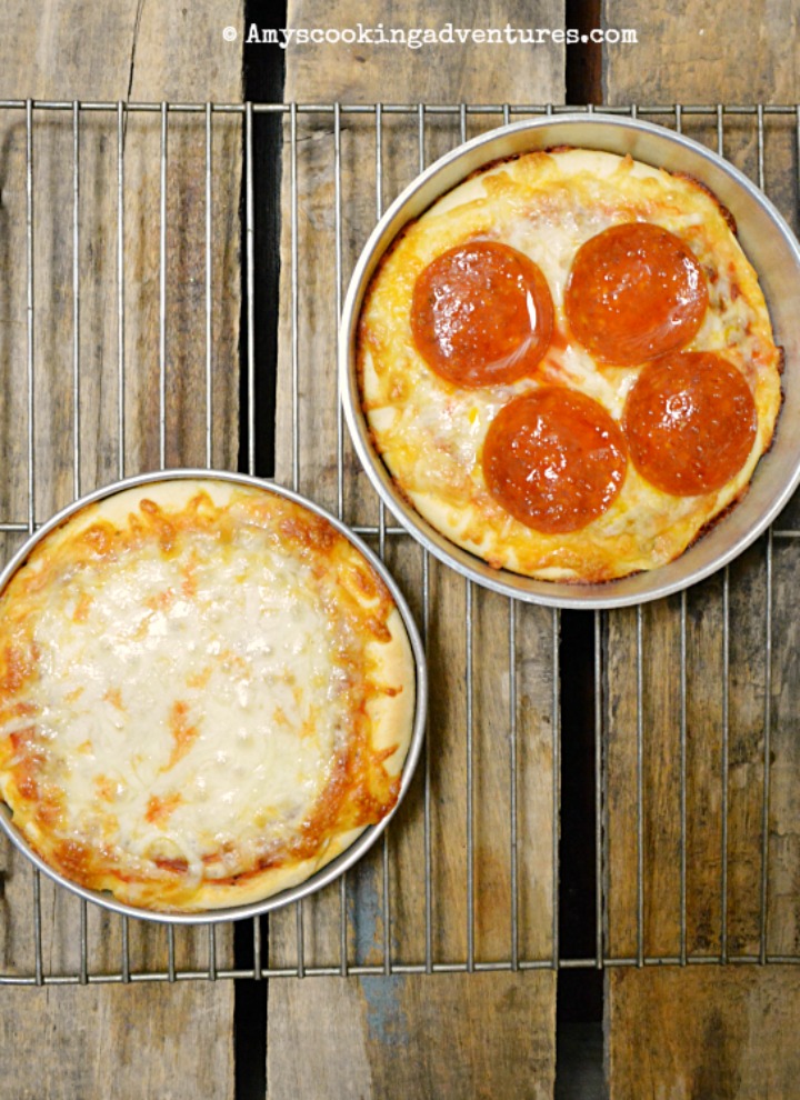 two personal pan pizzas. One with pepperoni and one cheese