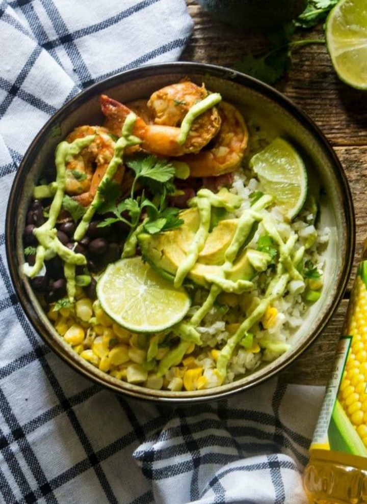 Baja Shrimp Taco Bowl on a blue and white towel