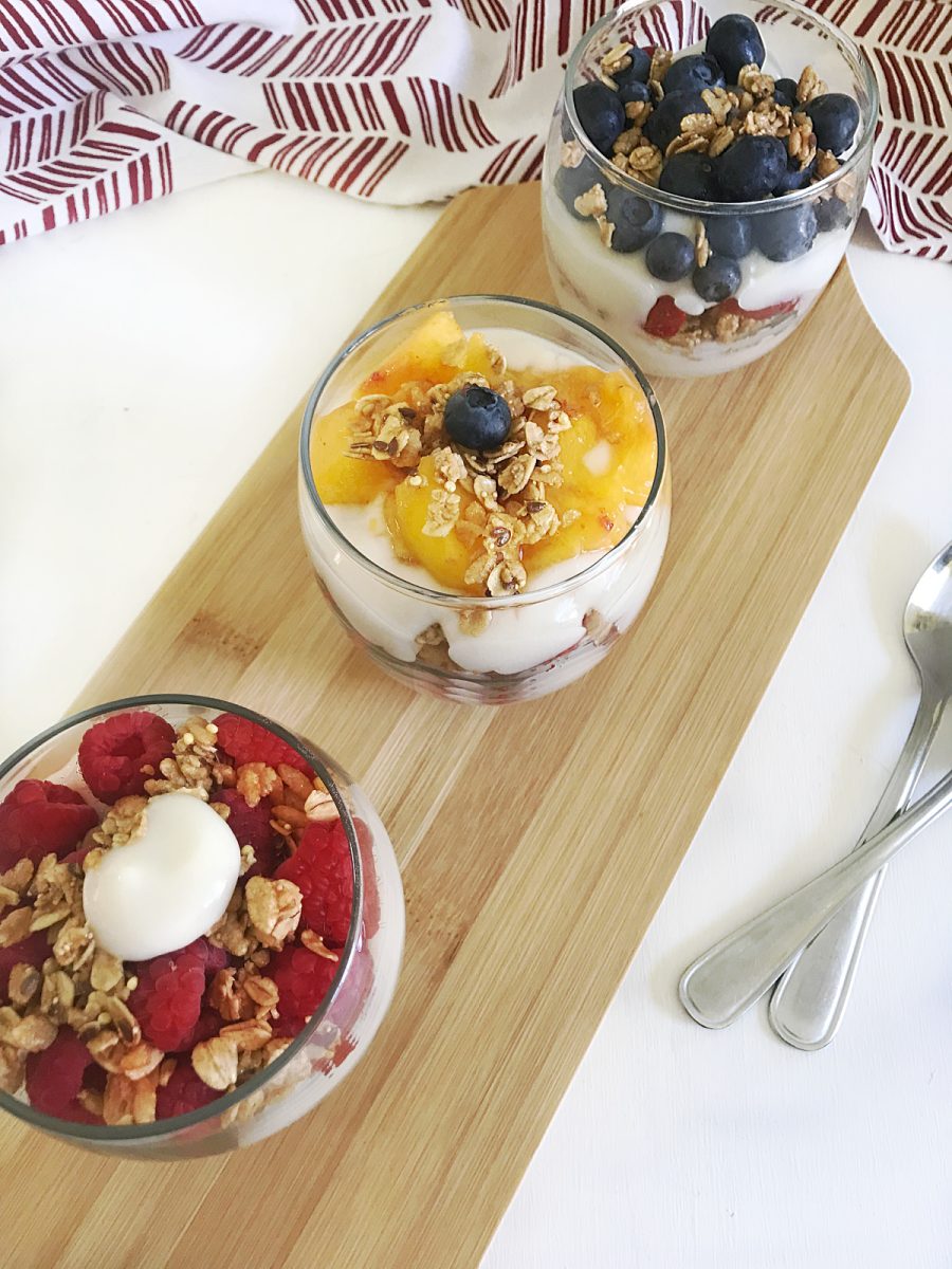 fresh fruit yogurt parfait in glasses