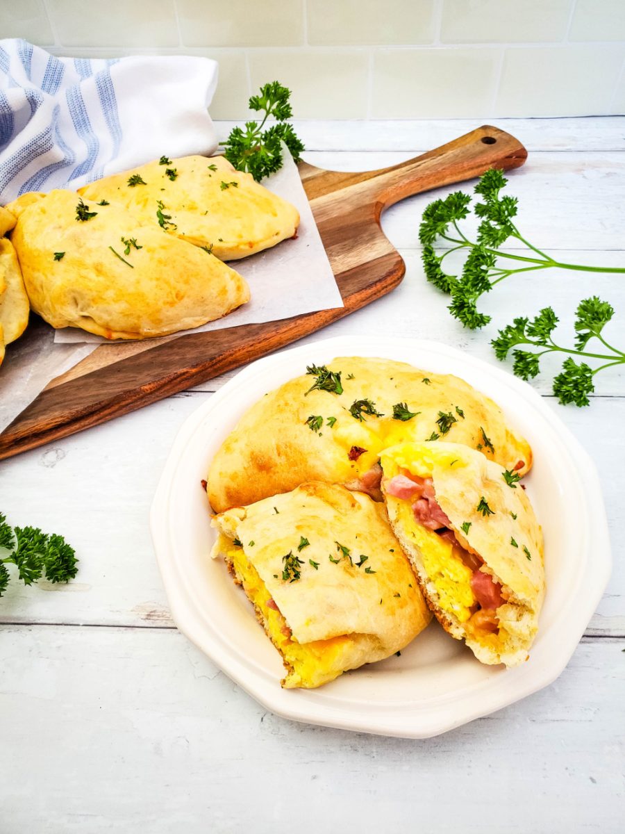 ham and egg breakfast calzones opened to see filling