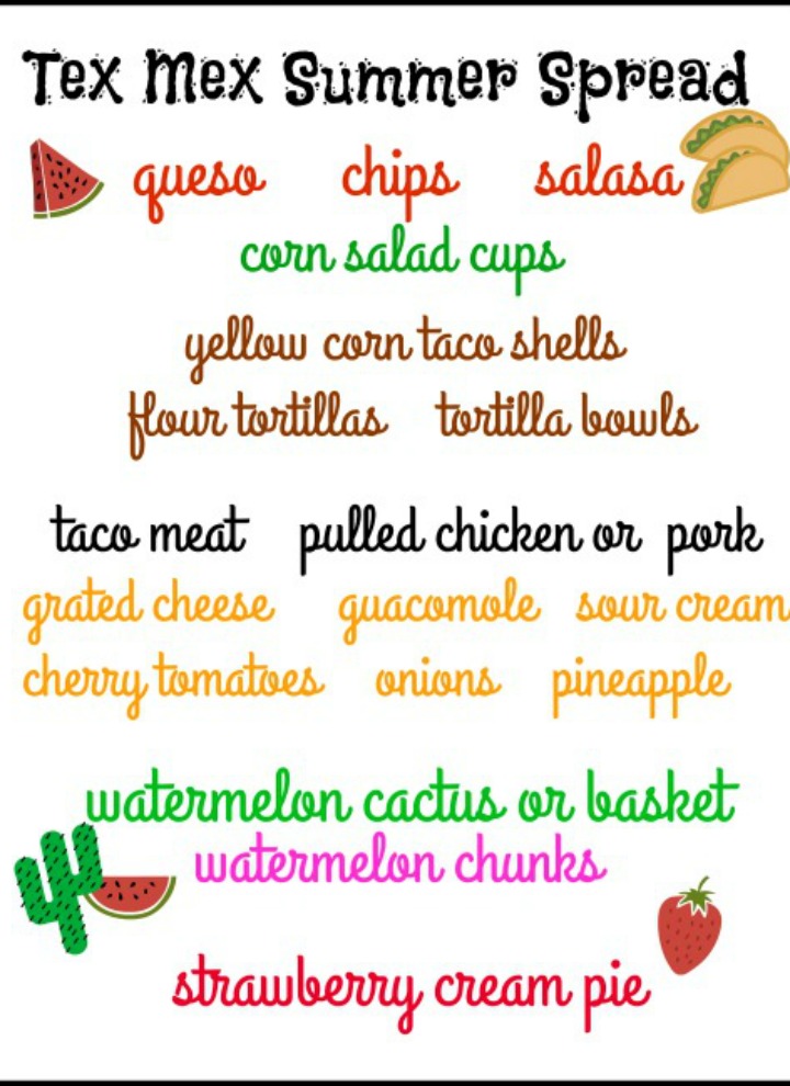 A list of menu items to make for Tex-Mex summer food spread