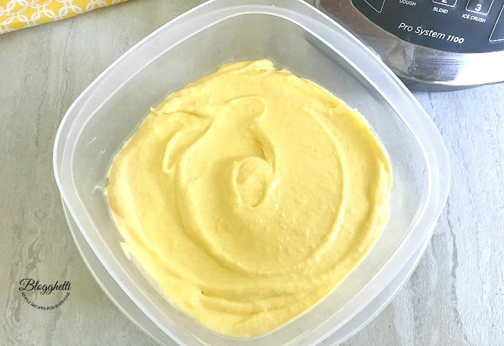 two ingredient mango sherbet ready for the freezer