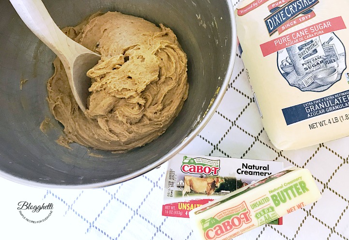 Cookie batter with Dixie Crystals Bag of sugar and Cabot butter sticks