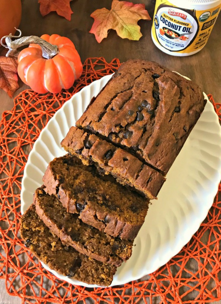 Sliced Pumpkin Chocolate Chip Bread on white platter