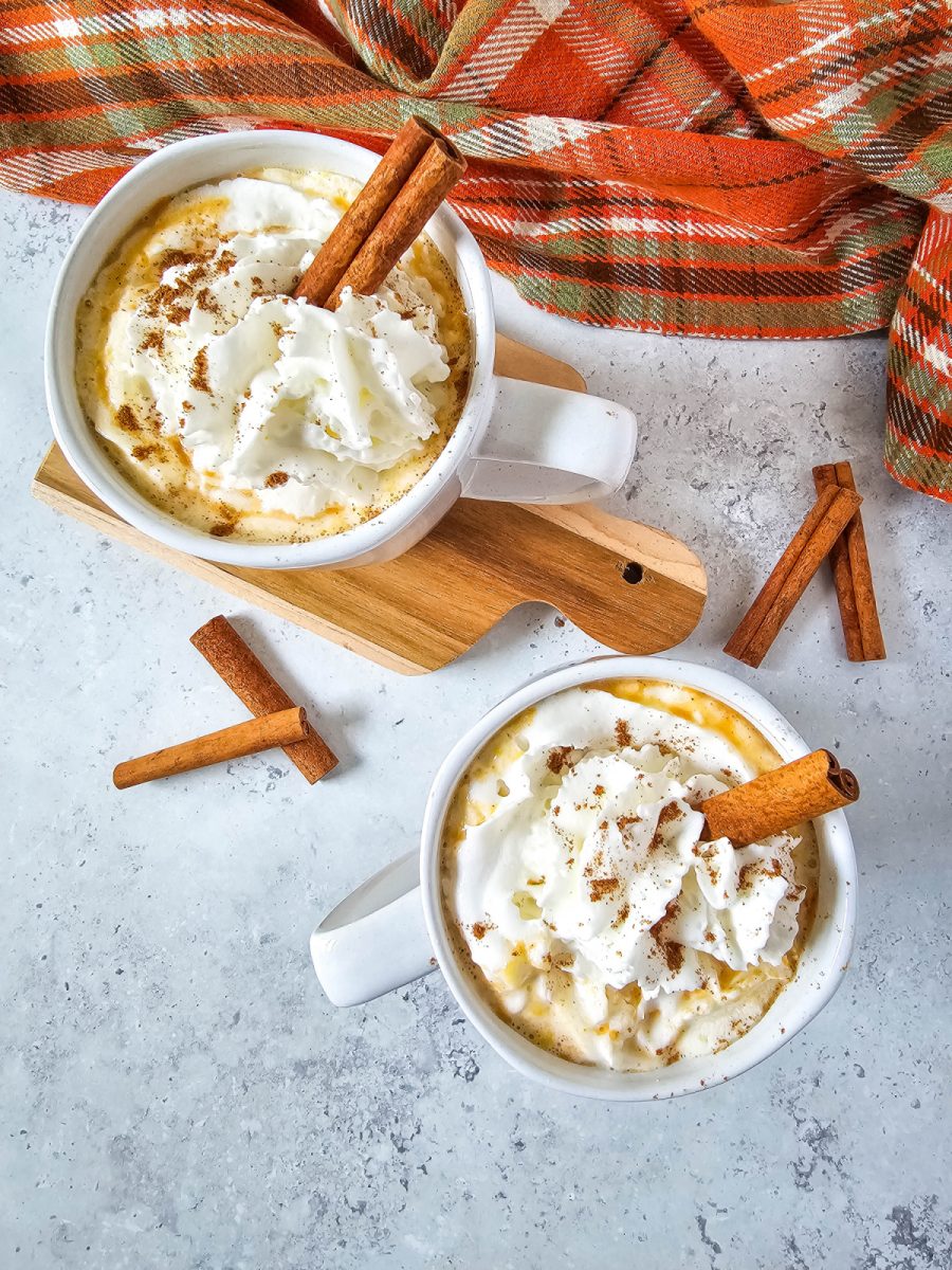 overhead view of pumpkin spice hot chocolate in mugs