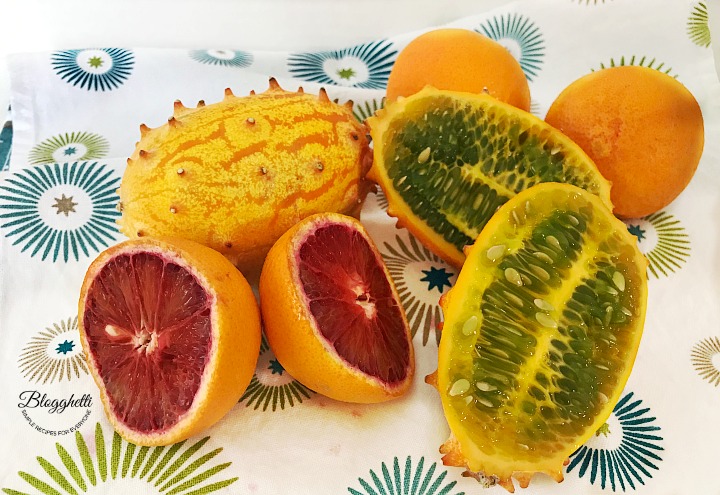 Kiwano horned melon and blood oranges
