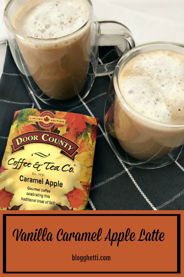 Vanilla Caramel Apple Latte in clear mugs with Door County coffee package
