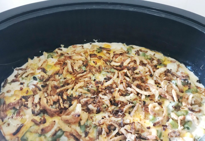 cheesy green bean casserole made in the slow cooker