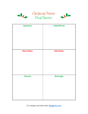 Christmas Dinner Meal Planner sheet
