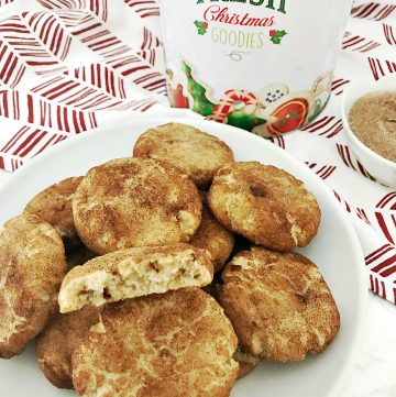 Cinnamon Pecan Snickerdoodles on plate with cookie canister in background