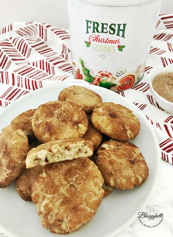 Cinnamon Pecan Snickerdoodles on plate with cookie canister in background