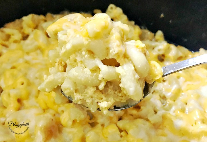 Close up of slow cooked mac and cheese on a spoon