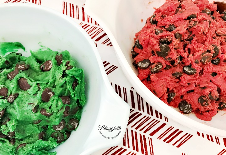 chocolate chip cookie dough tinted red and green