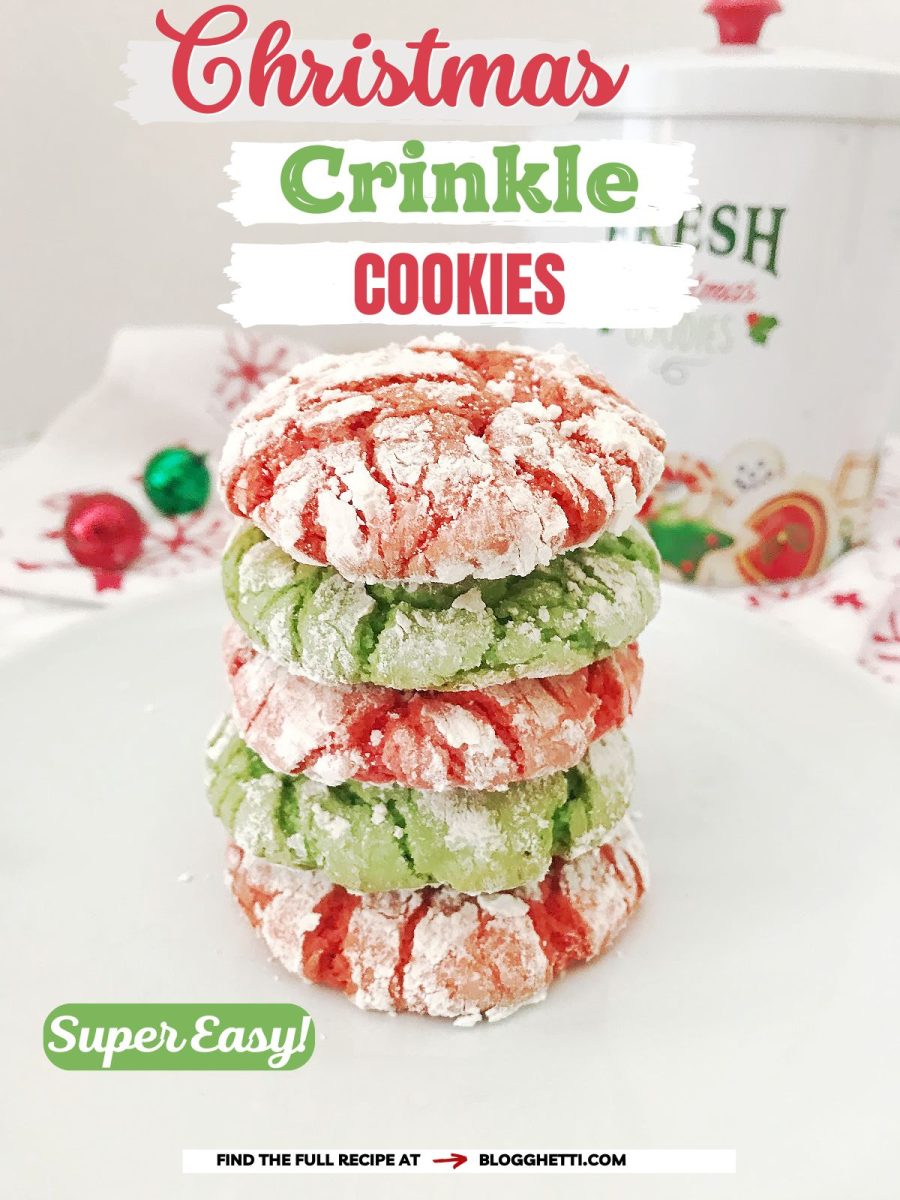 Stack of four red and green crinkle cookies with text overlay that reads "Christmas Crinkle Cookies Super Easy!"
