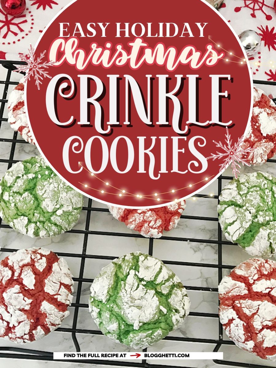 Overhead view of nine red and green crinkle cookies on a wire rack with a large red circle text overlay that reads "EASY HOLIDAY Christmas Crinkle Cookies.