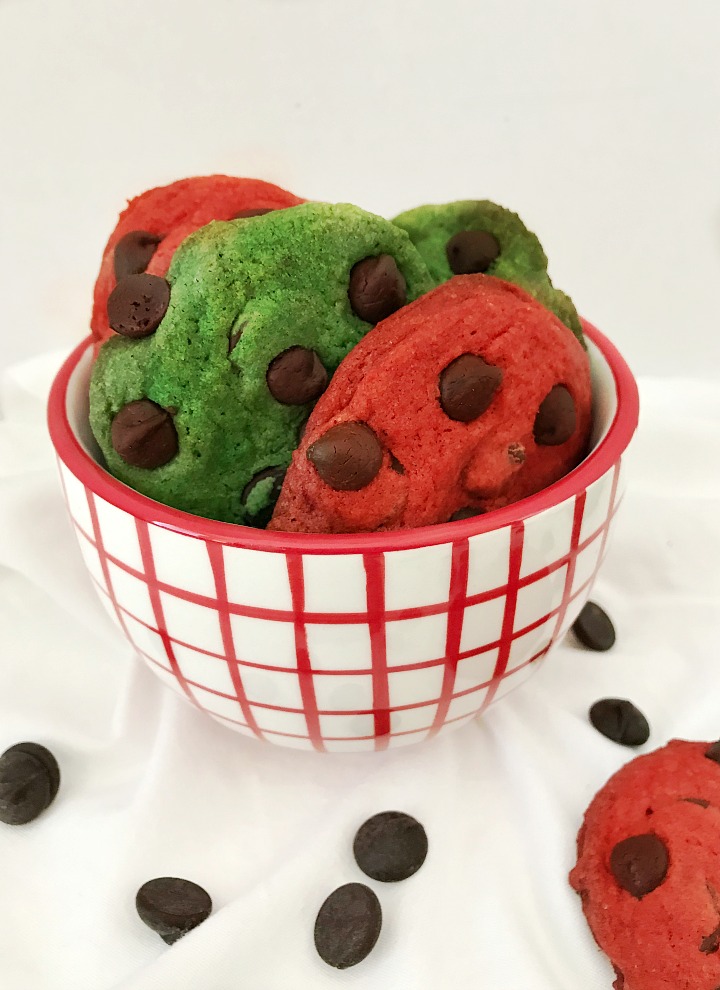 close up of Chocolate Chip Christmas Cookies in small bowl