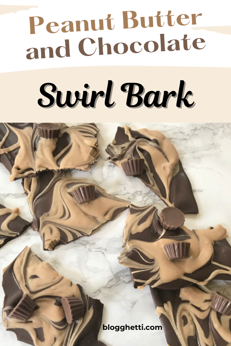 peanut butter and chocolate swirl bark image with text