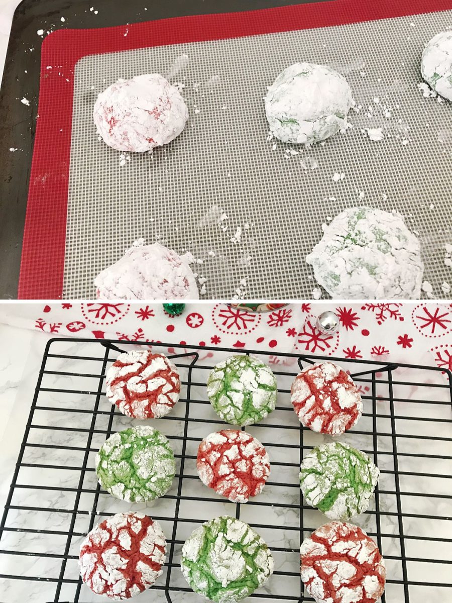 Two-part image: Top shows unbaked red and green cookie dough balls rolled in powdered sugar on a red silicone baking mat; Bottom shows the baked, crinkled cookies cooling on a wire rack.