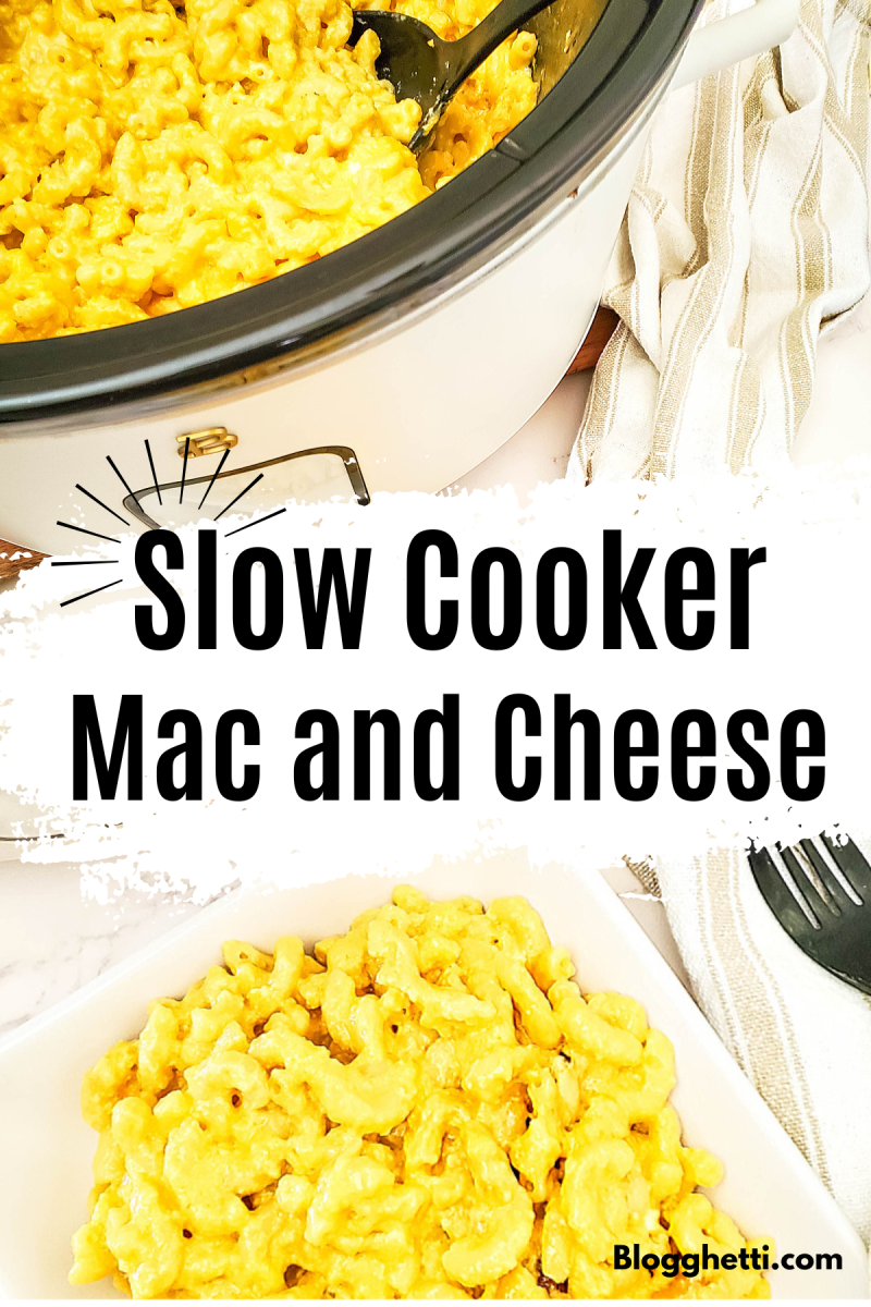 A slow cooker filled with a creamy, cheesy mac and cheese mixture. A serving of the mac and cheese is also shown in a white bowl. The text "Slow Cooker Mac and Cheese" is superimposed over the image.