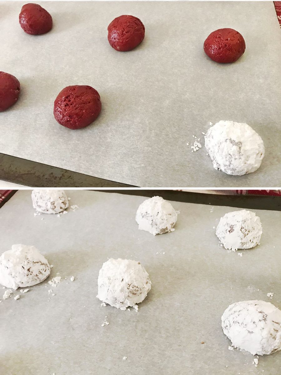 A two-part image showing the steps of making cookies; top half shows red cookie dough balls on parchment paper, bottom half shows the dough balls coated in powdered sugar.