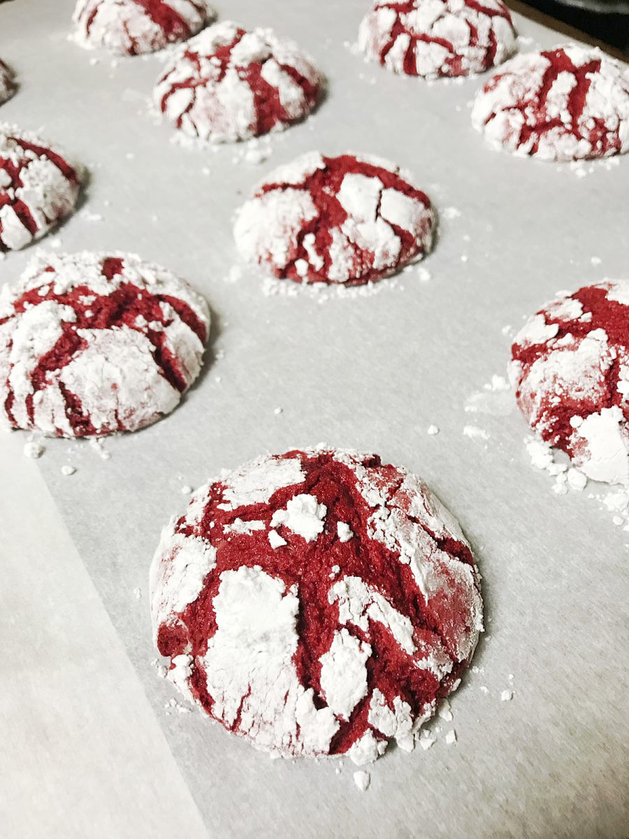Freshly baked Red Velvet Crinkle Cookies on a parchment-lined baking sheet, showing their distinct white powdered sugar cracks.