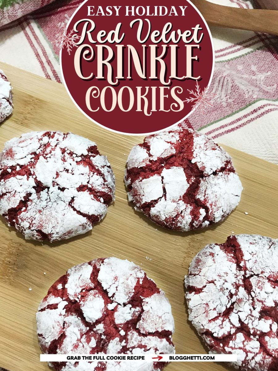 A Pinterest-style graphic for "Easy Holiday Red Velvet Crinkle Cookies" with a close-up of the cookies on a wooden board, showcasing the powdered sugar coating.