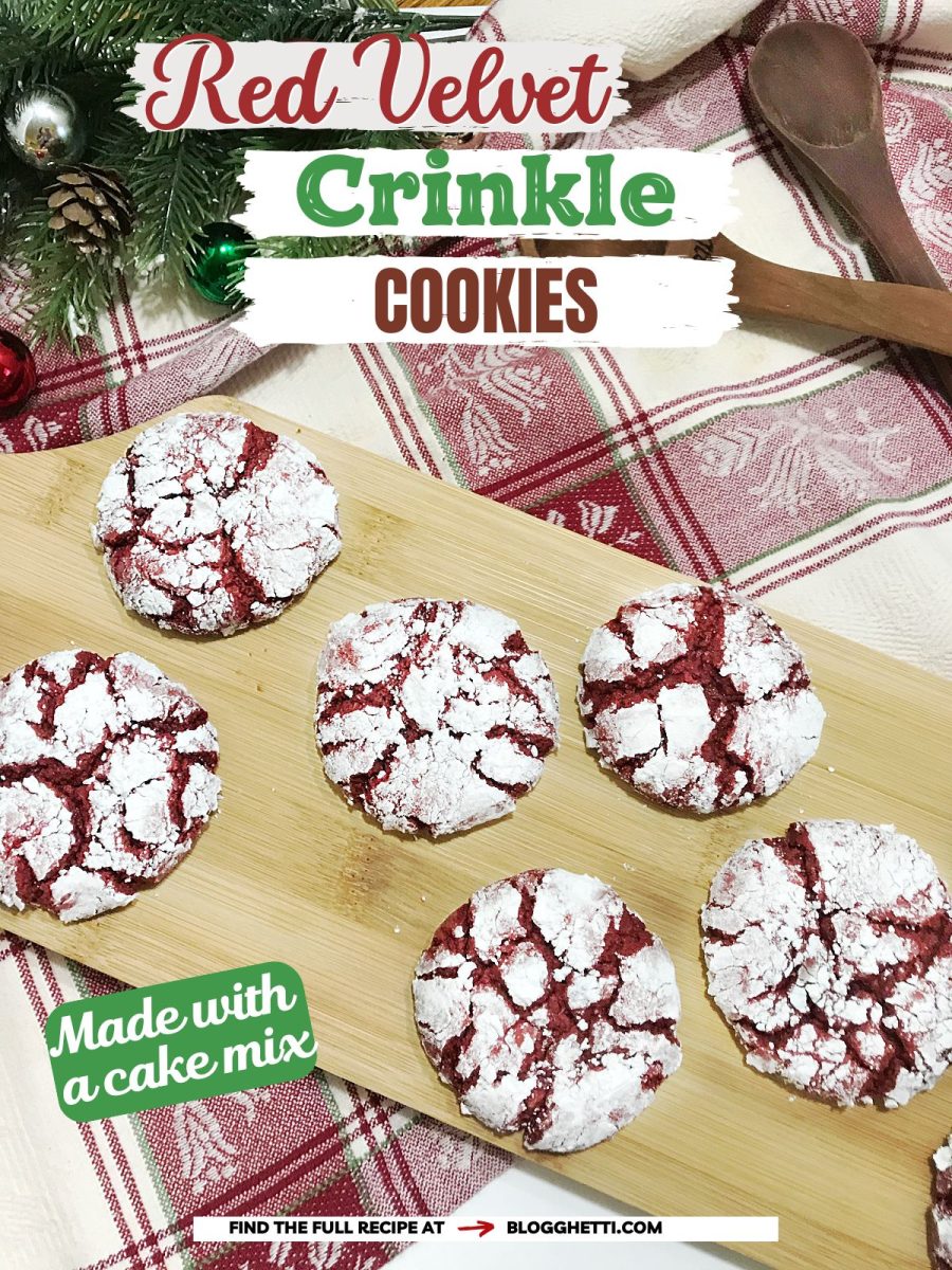 A Pinterest-style graphic featuring Red Velvet Crinkle Cookies on a wooden board with holiday decor, text overlay reads "Red Velvet Crinkle Cookies Made with a cake mix.