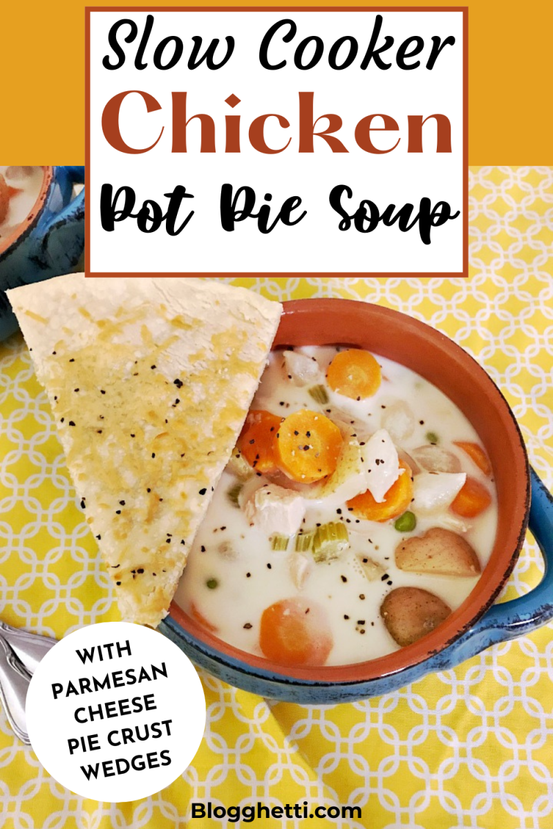 slow cooker chicken pot pie soup image with text