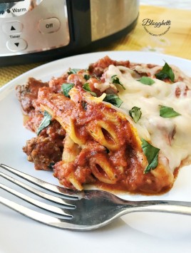 Close up - plate of slow cooker baked Ziti