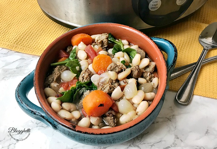 Slow Cooker Tuscan White Bean Soup with Spinach and Sausage