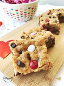 Valentine's M&M Cookie Bar squares - close up