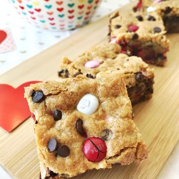 Valentine's M&M Cookie Bar squares - close up