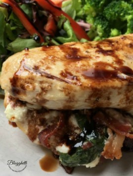 close up of Easy stuffed chicken breasts with Bacon, goat cheese and basil - feature
