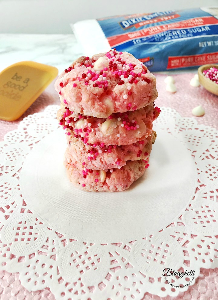 Strawberry cheesecake cookies with Dixie Sugar in the background